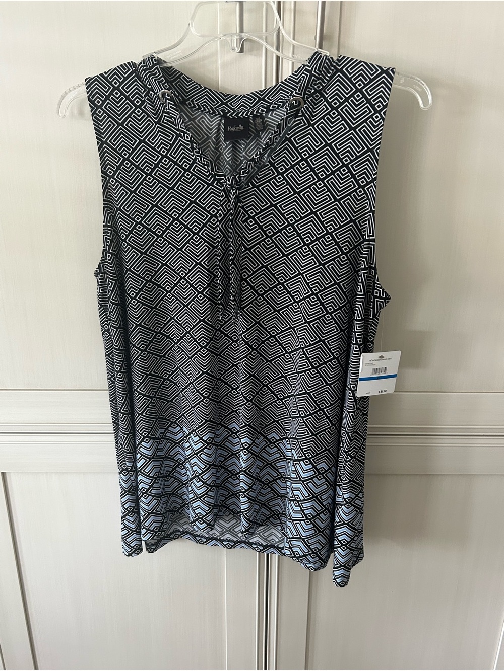 Rafaella Black and White Geometric Sleeveless Tie-Front Blouse